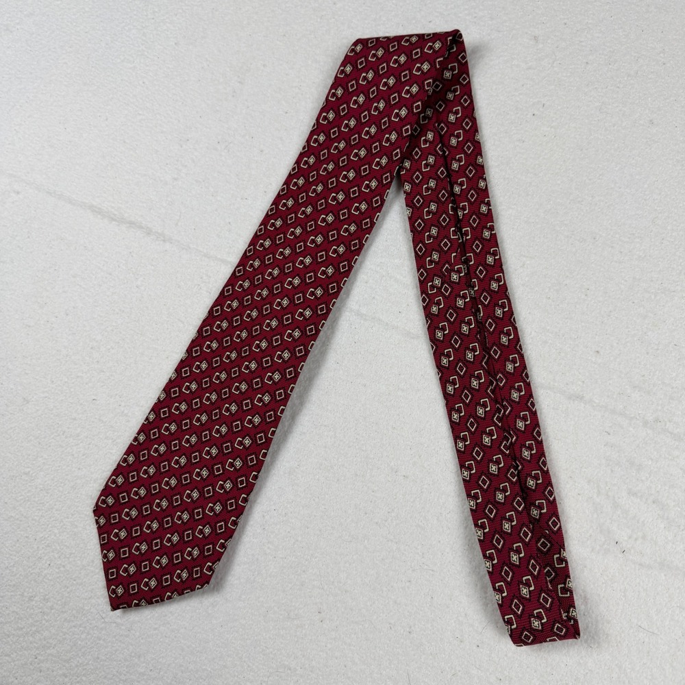Polo Ralph Lauren Silk Tie Mens Burgundy Geometric Diamond Pattern Made in USA